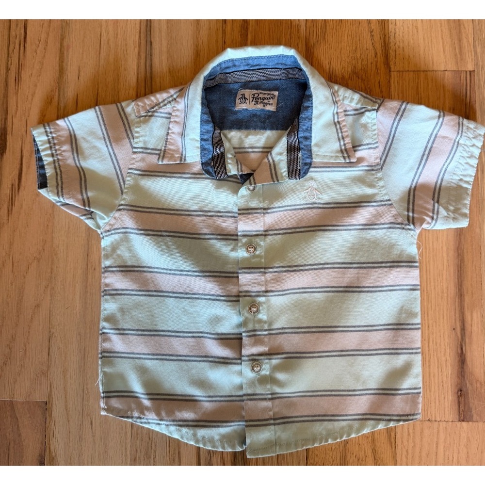 ORIGINAL PENGUIN Boys Striped Short Sleeve Button Down Shirt Mint Pink 24M